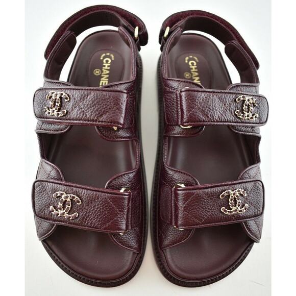 Chanel 21C Burgundy Red Caviar Gold CC Logo Mule Slide Flat Teva Dad Sandal 36 - Picture 1 of 12